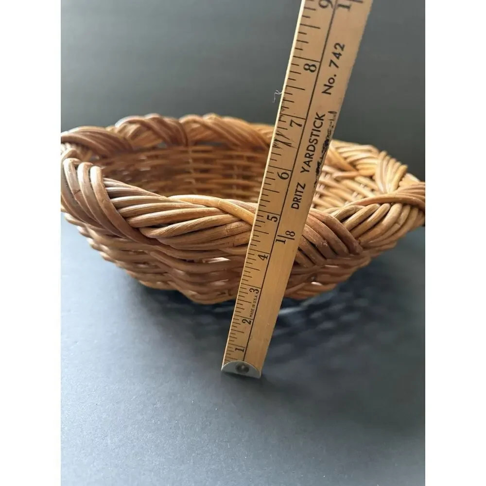 Handwoven Read Wicker Woven Round Basket Rattan Bowl Twisted Braided Cottagecore